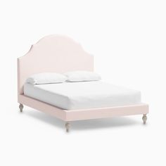 a pink bed with white sheets and pillows on the headboard, in front of a white background