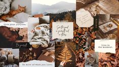 a collage of photos with words and pictures on them, including leaves, blankets, candles, coffee mugs, and other items