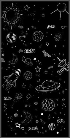 black and white drawing of space with stars, planets, saturn, pluto's moon