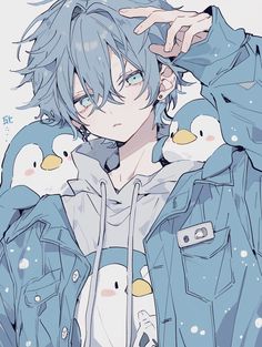 an anime character with blue hair and penguins around his neck, wearing a denim jacket