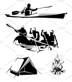 the silhouettes of people in canoes, kayaks and campfire on a white background