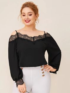 Plus Cold Shoulder Lace Trim Top | SHEIN USA Plus Size Winter Outfits, Plus Size Fall Fashion, Cold Shoulder Lace, Communication Methods, Lace Trim Top, Trim Top, Debt Collection, Wedding Dresses Plus Size, Plus Size Fashion For Women