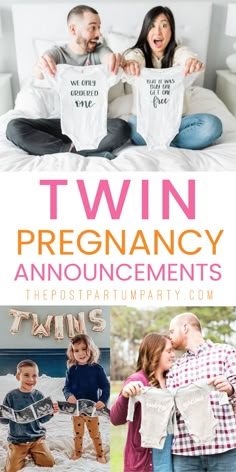 two children and an adult holding up t - shirts with the words twin pregnancy announcements