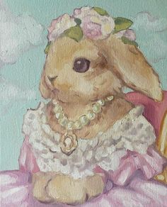 a painting of a rabbit wearing a pink dress and pearl necklace sitting on a chair