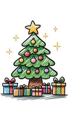 a drawing of a christmas tree with presents under it and a star on the top