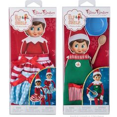 two christmas elfs are in the packaging for each other, one is holding a spoon