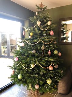 a christmas tree with ornaments in a basket