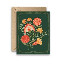 a greeting card with an image of flowers and leaves on green paper, in the middle of