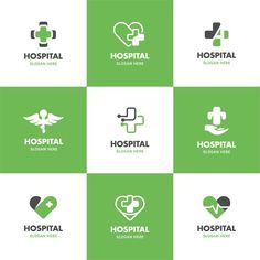 logos for hospital and medical services on green square background stock photo - premium royaltying