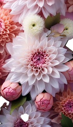 an arrangement of pink and white flowers with green leaves