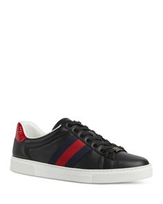 Gucci Men's Gucci Ace Leather Sneakers Black Sneakers With Embroidered Logo, Classic Gucci Sneakers With Embossed Logo, Designer Black Sneakers With Logo Plaque, Luxury Black Sneakers With Embroidered Logo, Black Luxury Gucci Sneakers, Luxury Black Gucci Sneakers, Gucci Designer Formal Sneakers, Gucci Designer Sneakers For Formal Occasions, Gucci Ace Sneakers