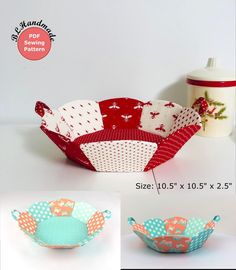 four different designs of small baskets with polka dots on them and one is red, the other blue