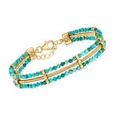 Ross-Simons - Turquoise and Snake-Chain Bracelet in 18kt Gold Over Sterling. 7". Offering a regal look, our three-strand bracelet features a gleaming 18kt yellow gold over sterling silver snake chain nestled between two rows of 3mm round faceted turquoise beads. Includes a 1" extender. Lobster clasp, turquoise bead snake-chain bracelet. Bead Snake, Three Strand Bracelet, Turquoise Stone Bracelet, Jewelry Presentation, Spring Mechanism, Snake Chain Bracelets, Silver Snake Chain, Fine Jewelry Bracelets, Strand Bracelet