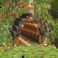 Hillside Minecraft Build, Mc Tunnel Ideas, Minecraft Survival World Builds, Minecraft Builds In Mountain, Minecraft Building Ideas In Mountain, Mountain Top Minecraft House, Mountain Build Minecraft, Minecraft Tunnel Entrance Ideas, Minecraft Mountain Tunnel