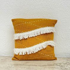 Handmade fair trade mustard cushion Water Projects, Boho Cushions, Bed Cushions, White Tassel, Be Natural, House Materials, Couches Living Room