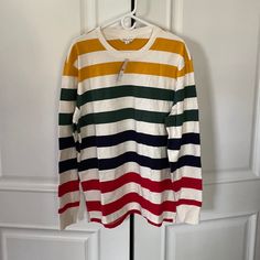 Great Condition. Never Worn. Tags On! Yellow, Green, Navy And Red Stripes. Striped Color Block Cotton Shirt, Casual Long Sleeve Rainbow T-shirt, Rainbow Cotton Top For Fall, Casual Rainbow Crew Neck Shirt, Casual Striped Color Block Shirt, Rainbow Color Block Cotton Tops, Rainbow Long Sleeve Cotton Top, Checked Shirt Dress, Long Tee Shirts