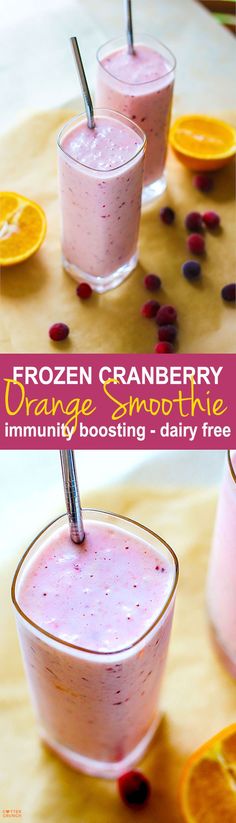 two glasses filled with frozen cranberry orange smoothie