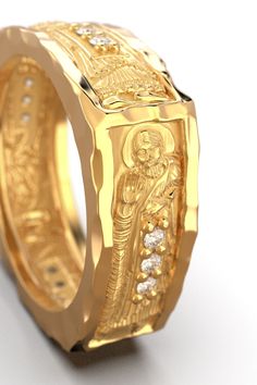 Sculptural gold ring depicting the four major Prophets of the old Testament: Jeremiah, Isaiah, Daniel, and Ezekiel. The ring reproduces the sculptures of the 4 major prophets on the main portal of Cremona Cathedral, dating back to the early 12th century. Ancient style solid gold ring, large gold band in 14k/18k made in Italy. Real gold carved wedding band ring, hallmarked Italy Relief ring in 18k or 14k solid gold A beautifully well-crafted solid gold ring with a combination of sandblasted and p Sculptural Ring, The Old Testament, Solid Gold Ring, Gold Piece, Black Gift Boxes, Solid Gold Rings, Wedding Band Ring, 12th Century, Old Testament