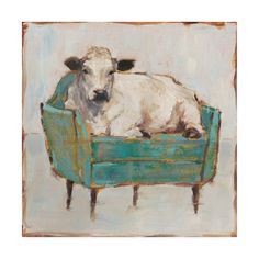 a painting of a cow sitting in a green chair on a white background with brown trim