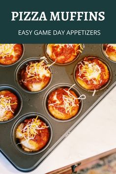 an easy game day appetizer recipe for pizza muffins is shown in a muffin tin