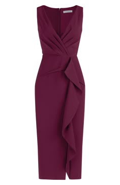 Rippling ruffles bring sculptural appeal to a stretch crepe dress artfully tailored in a faux-wrap silhouette. 44" length Hidden back-zip closure Surplice V-neck Sleeveless Lined 88% polyester, 12% spandex Dry clean Imported Sleeveless Midi Wrap Dress, Drop Waist Wedding Guest Dress, Crepe Dress Classy, Crepe Dress Styles, Flourless Cakes, Black Peacock, Corporate Dress, Soul Contract, Simple Gowns