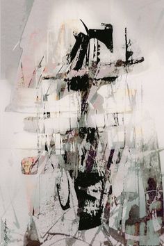 an abstract painting with black and white colors