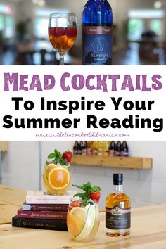 mead cocktails to inspire your summer reading with bottles of mead, tropical cocktails, and stack of books Mead Drink Recipes, Mead Cocktail Recipes, Mead Drinks, Homemade Mead, Make Mead, How To Make Mead, Batch Cocktails