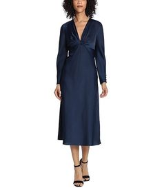 Maggy London Long Sleeve Satin Twisted V-Neck Knotted Midi Dress | Dillard's Chic V-neck Satin Dress For Fall, Silk V-neck Dress For Fall, Blue V-neck Silk Dress For Formal Occasions, Fitted Long Sleeve Bias Cut Midi Dress, Formal Long Sleeve Satin Dress For Fall, Elegant Long Sleeve Satin Dress For Fall, Long Sleeve Silk Dress For Work, Elegant Midi Dress With Notched Neckline For Fall, Elegant Long Sleeve Silk Dress For Night Out