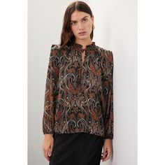 Black abstract chiffon (97% Polyester, 3% Metallic). Top. Long sleeves. Tie closure. 25.5" from shoulder to hemline. Made in the USA of imported fabric. Chic Long Sleeve Blouse With Abstract Print, Chic Printed Viscose Blouse, Abstract Print Workwear Tops For Fall, Abstract Print Tops For Fall Workwear, Fall Printed Blouse For Workwear, Fall Workwear Blouse With Abstract Print, Fall Workwear Printed Blouse, Fall Workwear Tops With Abstract Print, Chic Printed Blouse