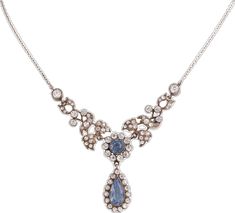 Antique Jeweled Necklaces For Evening, Evening Pendant Necklace With Rose Cut Diamonds, Blue Rose Cut Diamond Wedding Necklace, Blue Rose Cut Diamond Necklace For Weddings, Blue Rose Cut Diamond Necklaces For Weddings, Ornate Rose Cut Diamond Necklace For Formal Occasions, Formal Blue Necklace With Rose Cut Diamonds, Antique Pendant Necklace For Formal Occasions, Victorian Evening Necklace With Hallmark