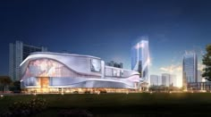 an artist's rendering of a futuristic building in the evening