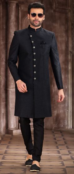 Wedding Black and Grey color Art Silk fabric Sherwani : 1886923 Festive Black Semi-stitched Bandhgala, Traditional Black Straight Kurta Sherwani, Black Long Sleeve Designer Bandhgala, Black Sherwani With Resham Embroidery, Black Nehru Jacket For Diwali Formal Occasion, Black Embroidered Sherwani Straight Kurta, Black Sherwani For Diwali Formal Occasions, Ceremonial Black Kurta With Dabka Details, Black Formal Sherwani For Diwali