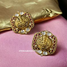 Ruby Green Gold Lakshmi ji Stud earrings temple jewelry.Size 2 inches