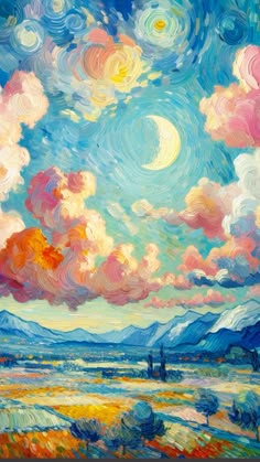 an oil painting of clouds and mountains