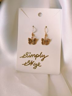 Beautiful 24k Gold Plated butterfly earrings! Available in hoops or hooks. Handmade with love <3 Gold Hypoallergenic Butterfly Earrings, Gold Butterfly Metal Earrings, Gold Butterfly Charm Earrings, 14k Gold Butterfly Earrings With Butterfly Charm, Gold Butterfly-shaped Pierced Earrings, Jewelry Gold Earrings, Earrings Butterfly, Gold Jewelry Earrings, Earrings Hoop