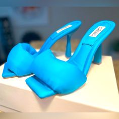 Selling These New And Never Worn Sebastian Milano Sandals In Bright Turquoise Sateen Color, With Leather Sole And Very Soft And Comfortable Puffy Filled Sateen Top Strap. Fitted Blue Synthetic Sandals, Blue Synthetic Sandals With Sculpted Heel, Trendy Blue Sandals With Heel Strap, Summer Turquoise Ankle Strap Heels, Turquoise Ankle Strap Heels For Summer, Chic Turquoise Sandals For Summer, Fitted Blue Sandals With Heel Strap, Turquoise Round Toe Heels For Summer, Light Blue Sandals With Padded Heel For Evening