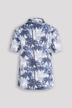 This short-sleeve button-up shirt features a bold and vibrant dense palm tree pattern in shades of blue, providing a cool and eye-catching look. Perfect for any occasion, elevate your style with this tropical-inspired shirt. 95% Cotton 5% Spandex Machine wash cold, Tumble dry low, Wash with like colors, Do not bleach. Imported B4WS713 Size Chart Size S M L XL XXL Chest (inches) 36.5 - 38.5 38.5 - 40.5 40.5 - 42.5 42.5 - 44.5 44.5 - 46.5 Measurement GuidelinesChest: Measure under your arms at the Blue Camp Shirt With All Over Print, Patterned Short Sleeve Shirt With All-over Print For Summer, Printed Blue Short Sleeve Shirt For Summer, Blue Collared Camp Shirt With All Over Print, Blue Collared Camp Shirt With All-over Print, Palm Tree Print Button-up Beach Shirt, Blue Short Sleeve Camp Shirt With All Over Print, Button-up Hawaiian Shirt With Palm Tree Print For Beach, Blue All Over Print Camp Shirt For Beach