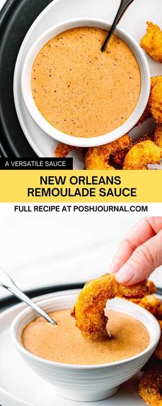 a person dipping sauce into a bowl of tater tots with the words new orleans remoulade sauce