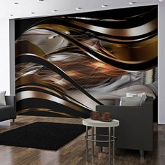 a modern living room with an artistic wall mural