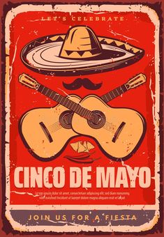 an old mexican poster with guitar and sombrero on red background stock photo - 1389