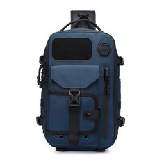 a blue backpack with black accents and straps