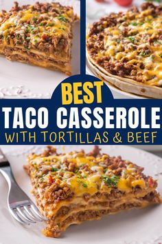 Three separate pictures of a taco casserole. Two are on the top and one is on the bottom, broken up by text. Taco Bake Casserole With Tortillas Easy, Taco Casserole Recipes Tortillas, Easy Taco Dinners, Taco Layer Bake, Taco Pizza Casserole, Ground Beef Tortilla Casserole, Taco Like Recipes, Tortilla Bake Casserole Ground Beef, Easy Layered Taco Bake