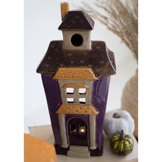 a purple and yellow birdhouse sitting on top of a table next to pumpkins