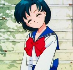 an anime character with blue hair and red bow tie standing in front of a brick wall