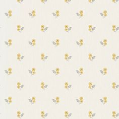 yellow and gray flowers are on a white wallpaper with light grey leaves in the background