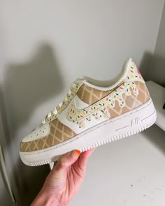 Hand painted with leather acrylic paint and sealed with a matte finisher. Air Shoes Custom, Painted Jordans Custom, Air Jordan Women Ice Cream Shoes, Custom Nike Shoes Cute, Sneakers Flowers Nike, Luxury Cream High-top Custom Sneakers, Nike Airforce 1 Preppy, Custom Nike Shoes Trendy, Custom Made Nike Shoes