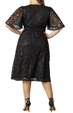 Sparkle at your next soirée in our Starry Sequined Lace Cocktail Dress. This party dress features a flattering surplice neckline, flirty flutter sleeves and a graceful A-line silhouette. This sparkly little outfit even has a surprise element - pockets! -Material: Self: 90% Nylon, 10% Spandex/Lining: 100% Polyester -Care Instructions: We recommend machine washing inside out in cold water on the gentle cycle. Do not bleach. Lay flat to dry. Cool iron when needed. -Product Fit: A-Line Product Speci Plus Size Sequin Dresses, Flare Cocktail Dress, Curvy Wedding, Fit And Flare Cocktail Dress, Lace Cocktail Dress, Little Outfits, Surplice Neckline, Weekend Wardrobe, Cocktail Dress Lace