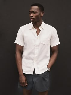 Our signature shirting, designed with an easy drape and classic tailoring details. | Buck Mason Men's Draped S/S One Pocket Shirt in Natural, Size XL | Twill Men Camp Collar Shirt, Buck Mason Mens, Button-up Camp Shirt With Pockets, Luxury Men's Button-up Camp Shirt, Casual Button-up Camp Shirt With Welt Pockets, Tailoring Details, White Collared Shirt, Lightweight Shorts, Raw Denim