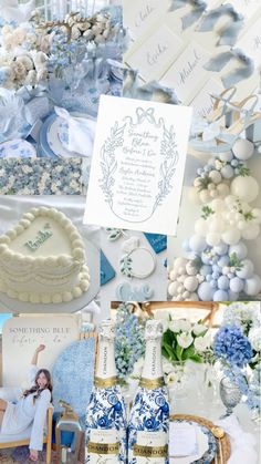 a collage of photos with blue and white items on it, including cake, cards, vases, and other decorations