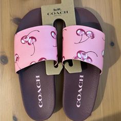 Bought These Today From Another Posher Nwt But They Are Way Too Small. My Feet Are Swollen So I Should’ve Known That. But Otherwise Cute Slides, Shoes Questions? Leave A Comment Below! Coach Slides, Coach Shoes Women, Cute Slides, Pretty Shoes Sneakers, Coach New York, Outfit Inspo Casual, Cherry Print, Signature Canvas, Slide In